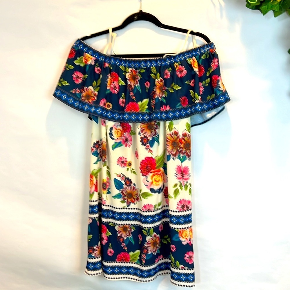 Blue Rain Floral Mini Off Shoulder Dress - Picture 4 of 6